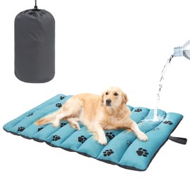 BEAUTYZOO Outdoor Dog Bed Waterproof, Camping Dog Bed Reversible, Portable Travel Dog Bed with Carry Bag- Machine Washable, Durable, Foldable Outdoor Pet Bed Mat for Medium Large Dogs, 35” x 51“ Blue