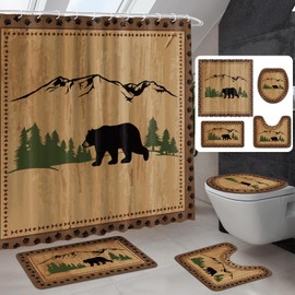 Drydiet 4 Pcs Rustic Cabin Bear Shower Curtain Set Wild Cabin Bear Forest Bath Shower Curtain Vintage Nonslip Bath Rugs Winter Hunting Camping Bath Lodge Decor Gifts for Bathroom Xmas Kitchen