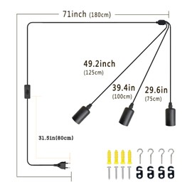 DTIEDY 3 Light Plug in Pendant Light, 10ft Black Hanging Lights Cord with On/Off Switch, E26 Vintage Industrial Hanging Lamp Fixtures for Kitchen Island Farmhouse, Bulb Not Included