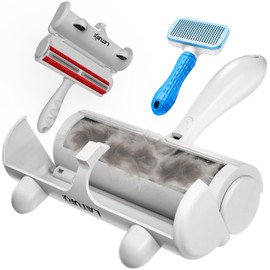 Reusable Pet Hair Remover & Lint Roller with Cat Hair Brush, Dog Brush for Shedding Self-Cleaning Fur Tool for Cats & Dogs, Works on Furniture, Couch, Carpet, Bedding & Car Seats - Portable