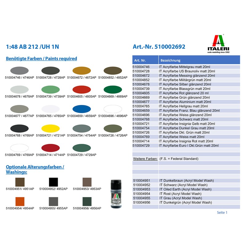 Italeri 510002692 – 1: 48 AB 212/UH 1 N Helicopter
