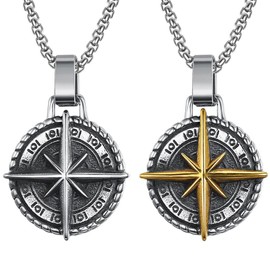 Liitata 2 Stück Kompass Anhänger Halskette Nordstern Kompass Anhänger Kette Rock Punk Hip Hop Halsketten für Männer Frauen - Gold Silber