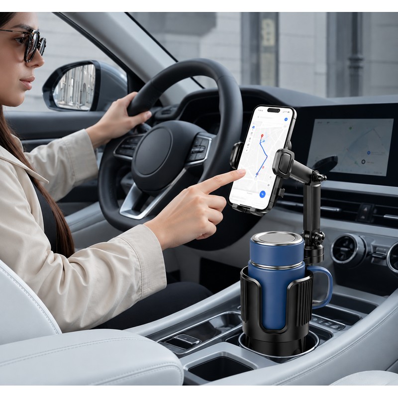 Car Cup Holder Phone Mount – Adjustable Long Arm, 360°