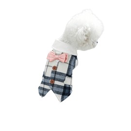 MAKEMECHIC Plaid Bow Asymmetrical Pet Clothes Collared Button Cute Comfort Shirt Blue Medium