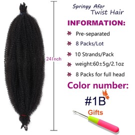 ZRQ 24 Inch Springy Afro Twist Hair For Distressed Soft Locs Pre-Separated Marley Crochet Braiding Hair 8 Packs Black Pre-fluffed Spring Twist Synthetic Hair Extension For Women 10 Strands/Pack (1B#)