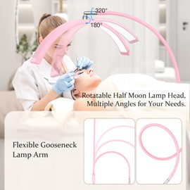 Mznoo Lash Light, Bright and Large Half Moon Light for Eyelash Extensions, Nails and Tattoos, Flexible Gooseneck LED Floor Moon Lamp, Adjustable Brightness and Height, with Tool Tray (Pink)