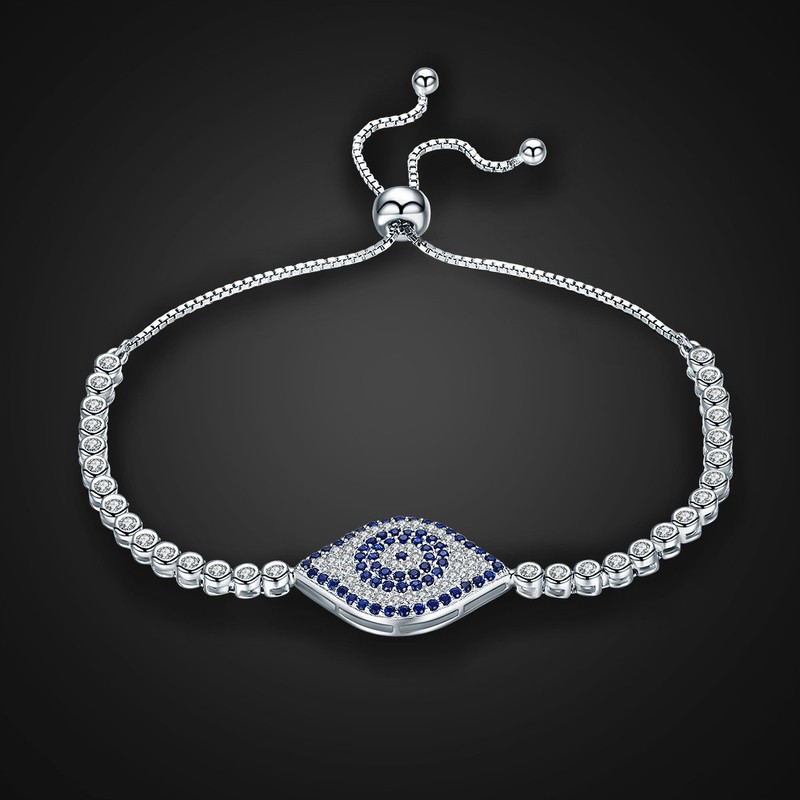 BISAER 925 Sterling Silver Blue Evil Eye Bracelets Sparkling Cubic