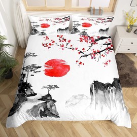 Loussiesd Japanese Ukiyoe Bed Linen Set, Cherry Blossoms, Red Sun Duvet Cover for Children, Boys, Girls, Ink, Japanese Style Bed Linen, 135 x 200 cm, Exotic Style, Decor Bedding with 1 Pillowcase