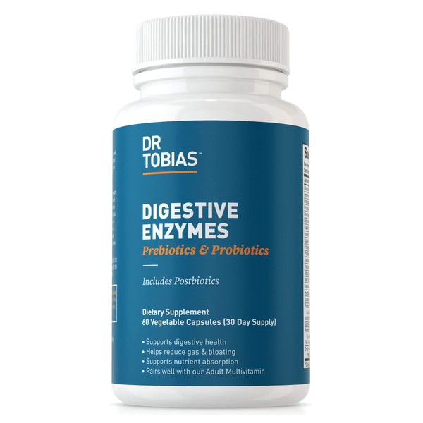 Dr. Tobias Digestive Enzymes with Probiotics, Prebiotics and Postbiotics Bromelain, Amylase, Lipase, for Better Digestion & Immune Function, 60 Capsules, 30 Servings (2 Daily)