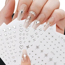 Votvlog 6 Blatt Nagelsticker Mond Sterne Nail Art Sticker Silber Nagelfolie Selbstklebend Nagelaufkleber Herzen Fingernägel Stickers Tattoos DIY Nagelkunst Nagelstudio Nageldesign Nägel Zubehör