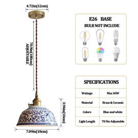 XMFMING Ceramic Pendant Light, Chinese Blue and White Porcelain Pendant Light fixtures, Bedside Light, Hanging lamp for Kitchen Island Light Fixture, Home Bedroom Dining Room Ceiling Hanging Light
