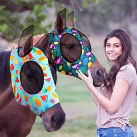 Weewooday 2 Pieces Horse Fly Masks for Horses Soft Fly Masks for Horses with Ears Smooth and Elasticity Fly Mask with UV Protection(Fruit Pattern,M)