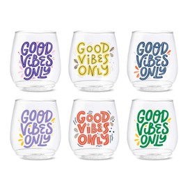 TOSSWARE POP 14oz Vino Good Vibes Only Series, SET OF 6, Premium Quality, Recyclable, Unbreakable & Crystal Clear Plastic Wine Glasses