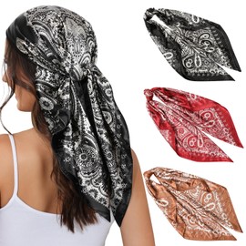 Kajeer Pack of 3 Headscarf Silk Scarf for Women - 90 x 90 cm Large Square Elegant Scarves Scarf for Women Satin Bandana Girls Headscarf Hair Accessories, Cashew-b (Dark Red/Black/Coffee)