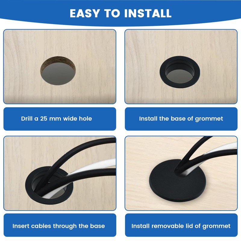 SDTC Tech 3-Pack 1 inch Desk Hole Wire Grommet Black