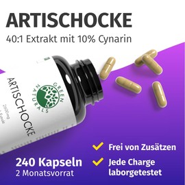 Artichoke Capsules High Dose - 2600 mg Daily Dose with 10% Cynarine - 40:1 Extract (= 104000 mg Artichoke) - 240 Capsules - Laboratory Tested, Vegan & No Additives