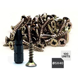 DOJA Barcelona Phillips Chipboard Screws with Bit Tip, 100 Wood Screws Set 5 x 40 mm + 1 PZ2 Bit, Countersunk Head Screws, Galvanised Wood Screws Flat Head Screws Universal Screws