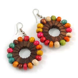 Multicoloured Wood Bead Hoop Drop Earrings (Silver Tone Metal) - 65mm Long