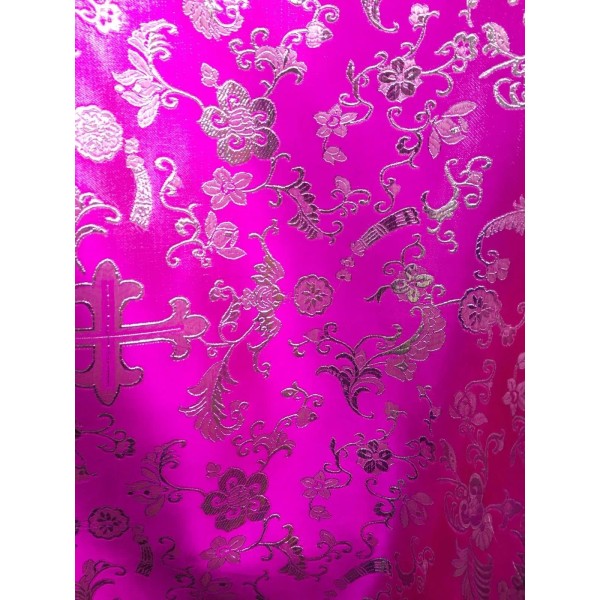 H&T Fabrics FUCHSIA PINK SILVER FLORAL CROSS METALLIC BROCADE FABRIC
