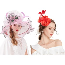 Z&X Women Organza Derby Hat Rose Flower Wedding Tea Party Fascinator Hat Wide Brim Sun Caps Pink