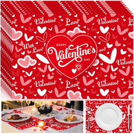 100 Pcs Valentine's Day Placemats Red Heart Disposable Paper Place Mats 14.57 x 10.24 Inch Valentine Table Mats for Valentine's Day Party Decoration Dining Kitchen Anniversary Holiday