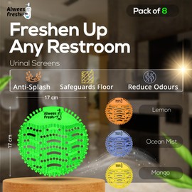 Alwees Fresh Urinal Mats Bundle - Fresh Fragrance Urinal Screen Deodorizer - Toilet Splash Guard for Men's Urinals - Odour Control, Splashback Shield, Universal Fit - Lasts 30 Days, 8-Pck, 4 Scents