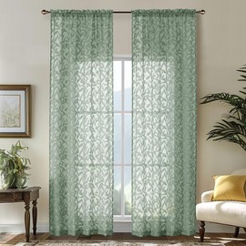 OWENIE Leyna Extra Long Sage Green Curtains 96 Inches Long 2 Panels Set for Living Room Bedroom, Airy Leaf Clip Jacquard Textured Light Filtering Curtains, Double Rod Pockets Drapes, 40Wx96L Inch