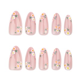Almond Press on Nails Medium Flower Fake Nails with Designs Summer Spring Flowers False Nails Glossy Cute Gel Acrylic Nails Medium Length Glue on Nails Full Cover Stick on Nails for Women 24Pcs