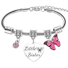 Ghloyza Little Sister Charm Bracelet Gifts Lil Sis Bracelet Little Sister Christmas Birthday Gifts from Sister Big Sister Little Sis Butterflies Stuff Heart Rhinestones Bracelets Jewellery Gifts