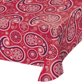 Creative Converting TABLECOVER PL 54" X 108" AOP Red Paisley Print Plastic Tablecloth, 54 x 108, Multicolor