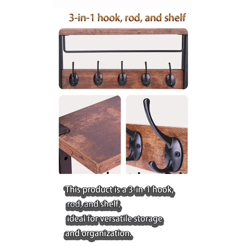 BSTHOK Mounted Coat Rack with Shelf, 44cm, Metal Hooks, Rustic