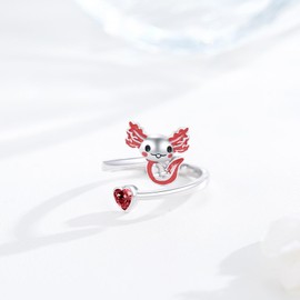 Axolotl Ring 925 Sterling Silver Newt Open Ring Red Axolotl Adjustable Ring Heart Animal Thumb Ring for Women Mexican Salamande Axolotl Jewelry Gifts for Teen
