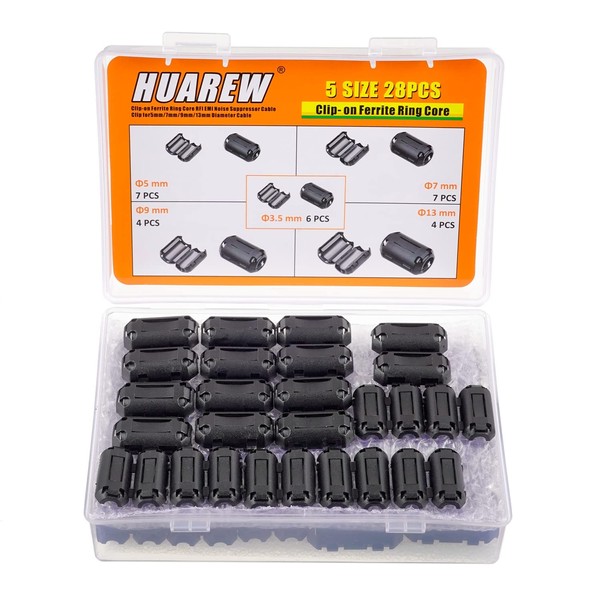 HUAREW 5 Values 28 Pcs Black Clip-on Ferrite Ring Core RFI EMI Noise Suppressor Cable Clip for 3.5mm 5mm 7mm 9mm 13mm Diameter Cable