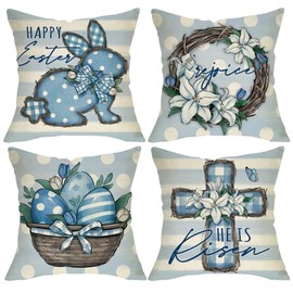 Fjfz Happy Easter Blue Bunny Cross Christian Decorative Throw Pillow Covers 18 x 18 Set of 4, Religious He is Risen Rabbit Porch Outdoor Home Decor, Spring Easter Egg Lily Flower Couch Cushion Case