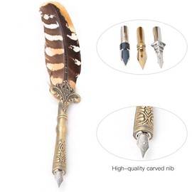 Quill Pen Set, Vintage Feather Pen Fountain Pens with Empty Ink Bottle + 3 Nibs Stationery Gift for Student/Teachers