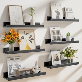 Heimlove Floating Shelves Set of 6, 16" Wall Mounted Picture Ledge, Display Shelf Organizer for Decor Storage, Wall Mounted Shelves for Living Room, Bedroom, Bathroom, Kitchen (Black)