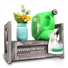 Besuerte Wooden Counter Stand Detergent Holder-laundry Detergent Organizer-Liquid Detergent Dispenser-Farmhouse Laundry Detergent Storage Hold Two Detergent Bottles, Rustic Grey