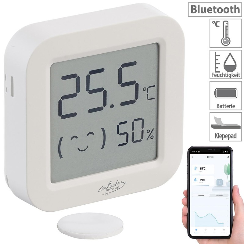 infactory Luftfeuchtigkeitsmesser: 6er-Set Mini-Thermo-/Hygrometer, Komfort-Anzeige, LCD, Bluetooth, App (Innenraum Thermometer,