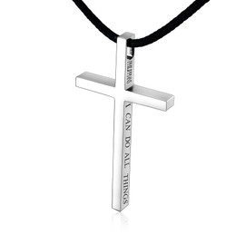 Hactnion Leather Cross Necklace for Men, Silver Large Cross Pendant with Bible Verse, 26'' Black Leather Rope, 316 Stainless Steel Cross Chain