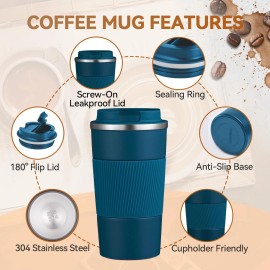 12OZ Travel Coffee Mug Insulated Coffee Cup with Spill Leak Proof Lid, Portable