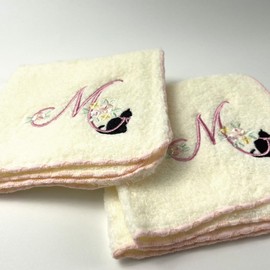 2pcs Set Cute Cat with Monogrammed Japanese Towel Handkerchiefs for Women [ Designed in Japan ] Handkerchiefs for Cat Lover (M)