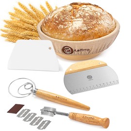 ABIOTO Sourdough Tools and Supplies - A Complete Bread Making Kit with 9" Round Proofing Basket with Liner, Bread Lame, Danish Whisk, Dough and Bowl Scrapers - Perfect Sourdough Supplies for Bakers