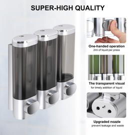 Soap Dispenser Wall Mounting, Shampoo Shower Gel Dispenser, Set of 3 Soap Dispensers, No Drilling, Even Liquid Release, Leak-Proof, Suitable for Shampoo, Shower Gel, Liquid Soap, Conditioner (Silver)