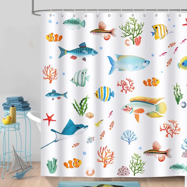 Bonhause Shower Curtain Fish Coral Colourful Sea Life Shower Curtains 180 x 180 cm Anti-Mould Waterproof Polyester Fabric Washable Bathroom Curtain for Bathroom with 12 Hooks