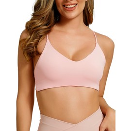 Sports Bras for Women, Padded Strappy Sports Bra V Neck Spaghetti Thin Strap Impact Workout Yoga Bra Tank Top Pink Medium