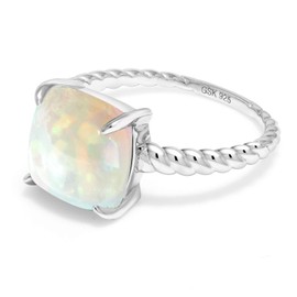 Gem Stone King 925 Sterling Silver White Ethiopian Opal Ring For Women (2.58 Ct Cushion Cabochon Cut, Size 8)