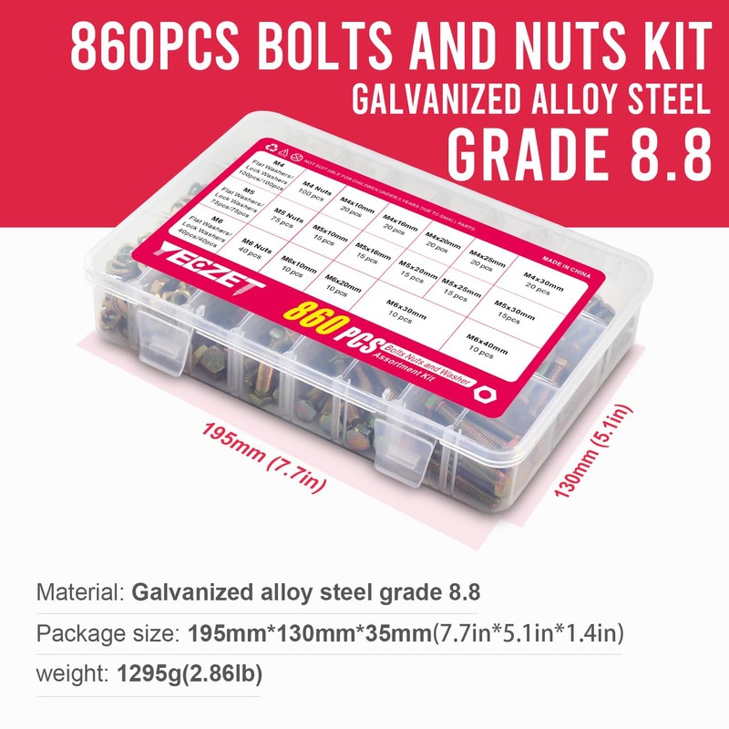 YEEZET 860pcs Grade 8.8 Metric Bolt Assortment Kit,M4 M5 M6