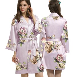 Womens Satin Kimono Robe Silk Robes Floral Bathrobe Bride Bridesmaid Wedding Silky Bridal Dressing Gown Loungewear