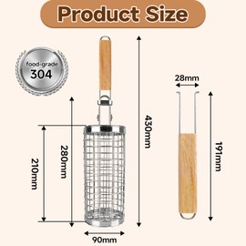 Muyohix Grillkorb Edelstahl mit Holzgriff, Rollender Grillkorb Gemüse, Grillzubehör für Außengrill, Premium Zylindrischer Grillkorb für Gemüse Fisch und Fleisch