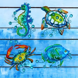 4 Pcs-Metal Ocean Beach Theme Wall Decor Art, Deep Blue Sea Wall Decorations, Sea Crab Turtle Fish Seahorse Bathroom Decor, Metal Yard Art, Outdoor Wall Bathroom Decorations